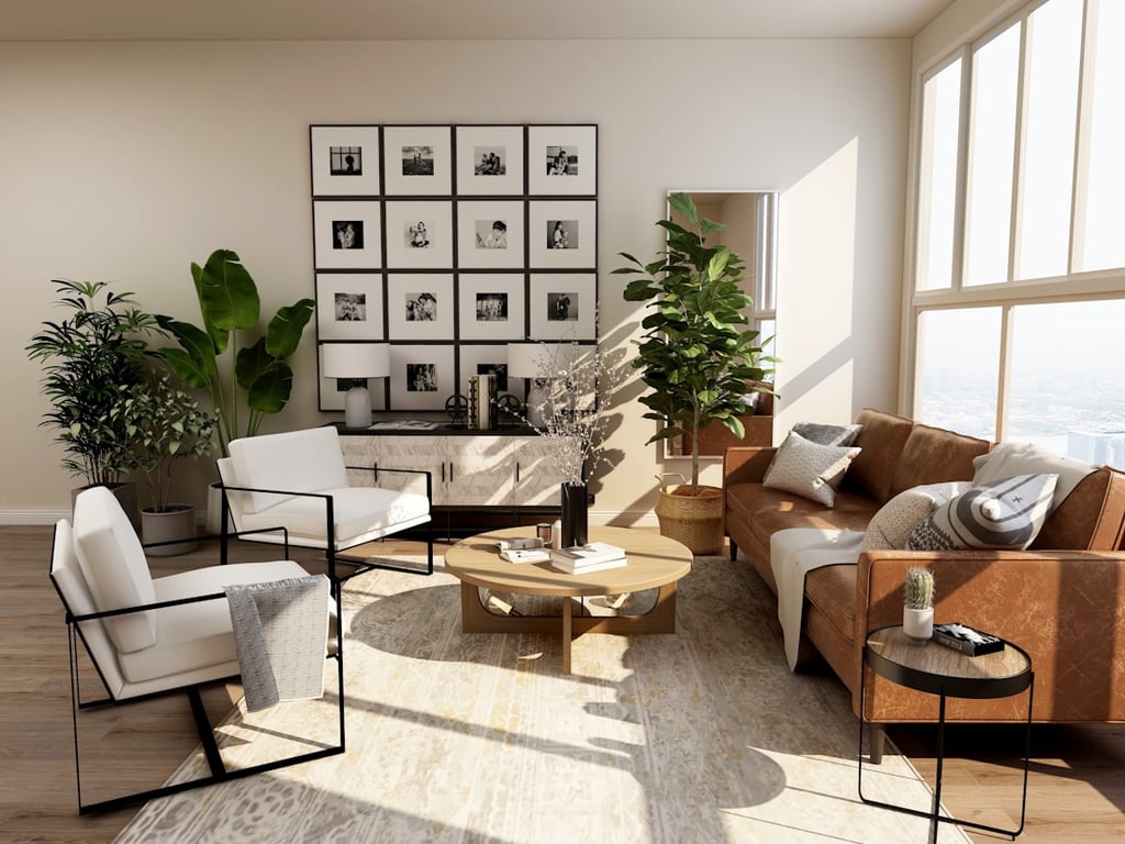 A sunlit living room with natural textures, leafy plants, and a tan sofa