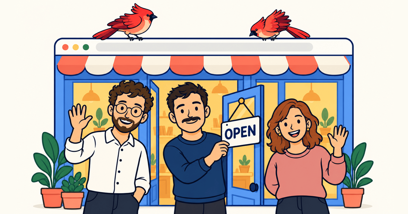 Aaron, Frank and Kat in front of a browser window showing a shop front, with Aaron flipping a sign to OPEN and two red jays perched on top of the window